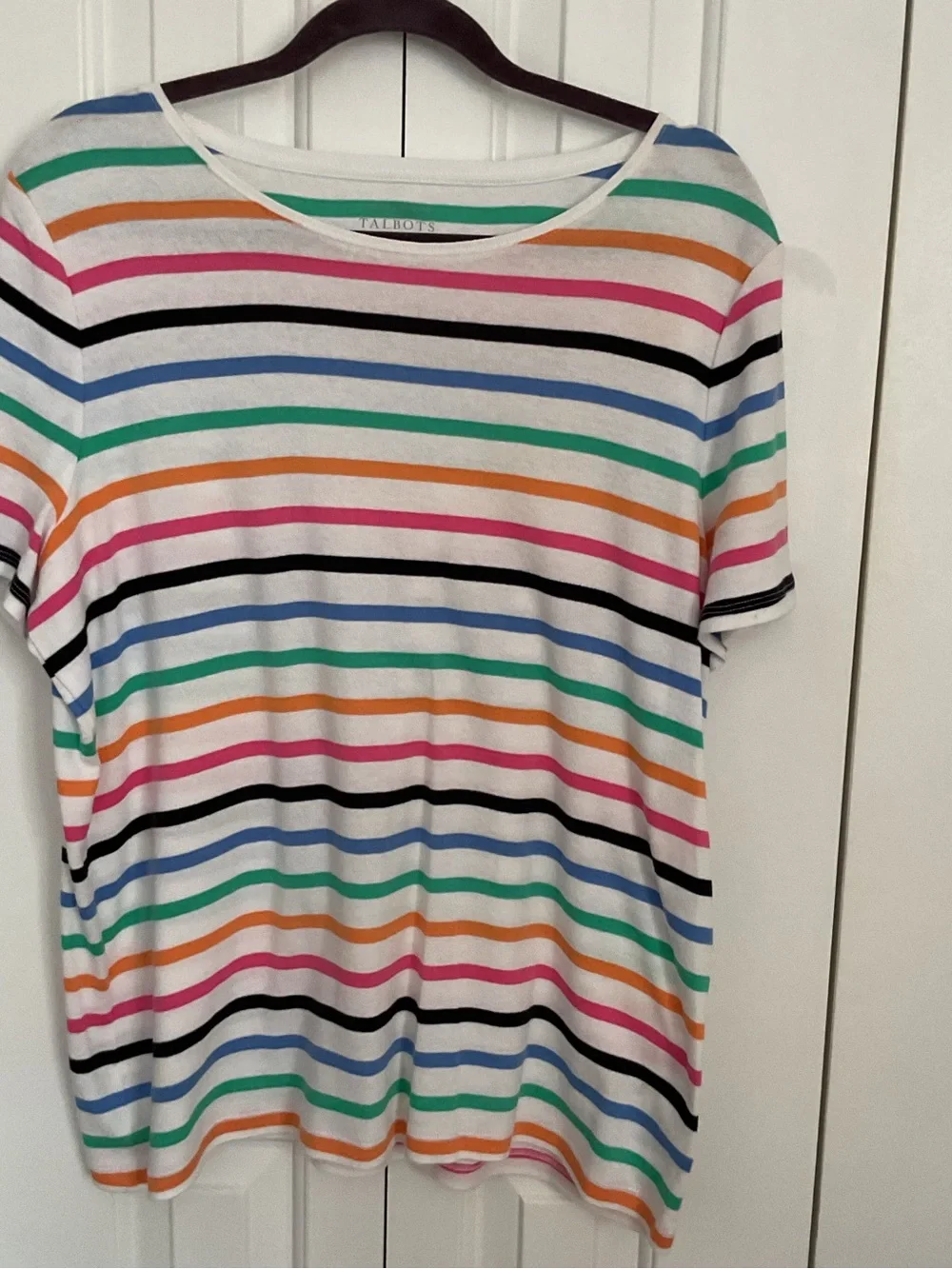 Talbots White Tee with Pink, Orange, Green, Blue & Black Stripes